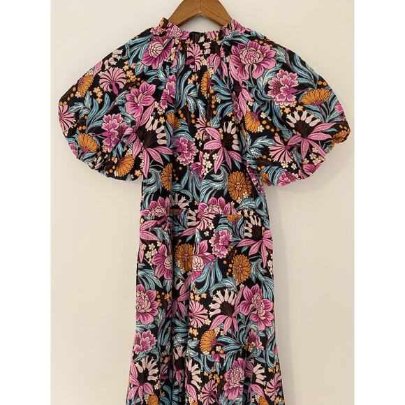 Banjanan Poppy Floral Print Organic Cotton Midi Dress Black Beauty Purple EUC - Picture 16 of 16